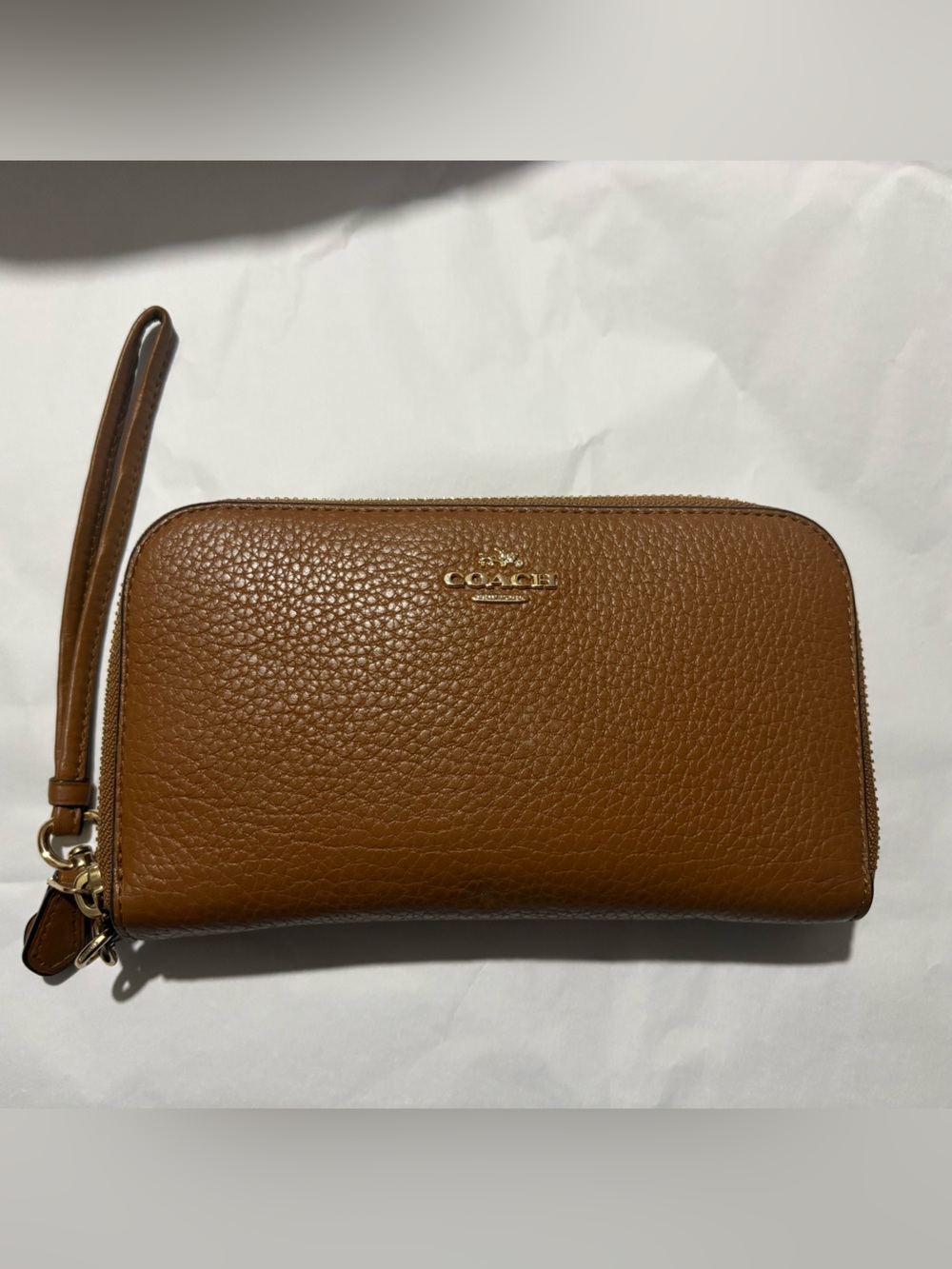 Coach Tan Pebbled Leather Double Zip Wallet with Gold Hardware